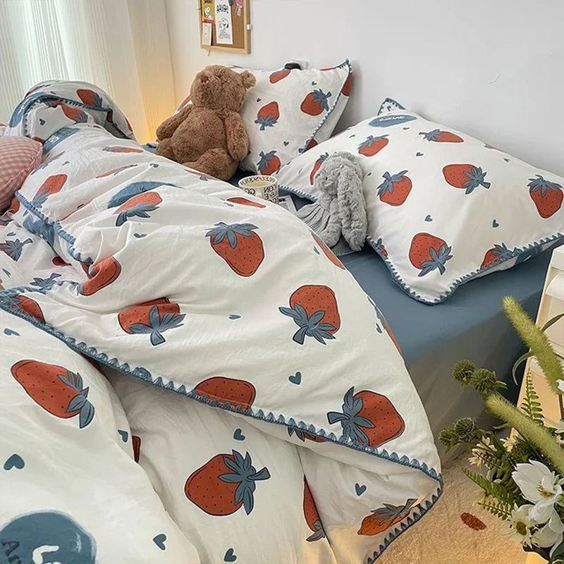 Bedding Set INS Girls Cherry Soft Washed Cotton Bed Sheet Queen King Size Duvet Set Comforter Set Pillowcase Bed Linens