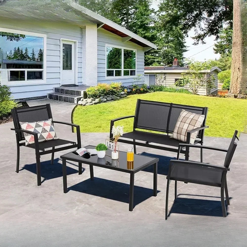 4 Pieces Patio Furniture Set All Weather Textile Fabric Outdoor,Glass Coffee Table,2 Single Chairs Black Garden Furniture Sets