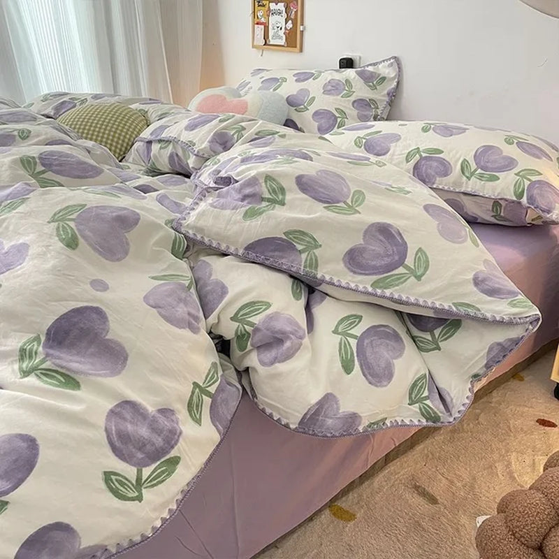 Bedding Set INS Girls Cherry Soft Washed Cotton Bed Sheet Queen King Size Duvet Set Comforter Set Pillowcase Bed Linens