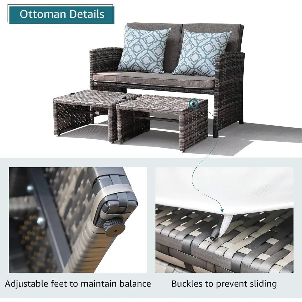 Outdoor Loveseat Patio Furniture Rattan Conversation Set with Ottoman,White Cushions,Grey Wicker, Outdoor Furniture