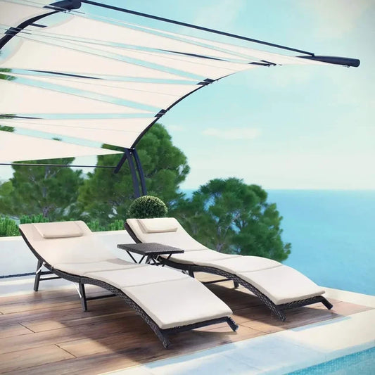 Outdoor Chaise Lounge Chair, 3 Pieces Chaises Set with Folding Table Poolside Rattan Reclining , Outdoor Chaise Lounge Chair
