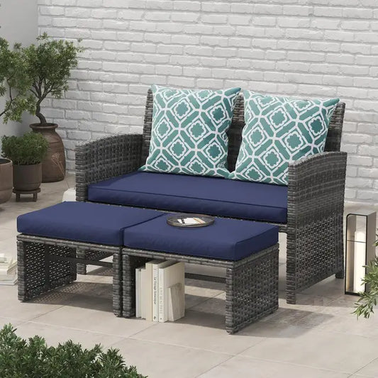 Outdoor Loveseat Patio Furniture Rattan Conversation Set with Ottoman,White Cushions,Grey Wicker, Outdoor Furniture