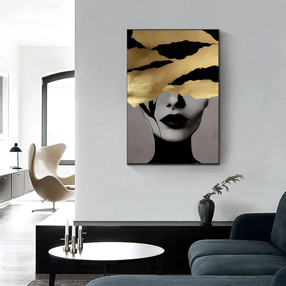 Black Gold Woman Head Print Canvas Painting, Abstract Luxury Figure Poster Wall Art, for Home Living Room Store Decor, No Frame