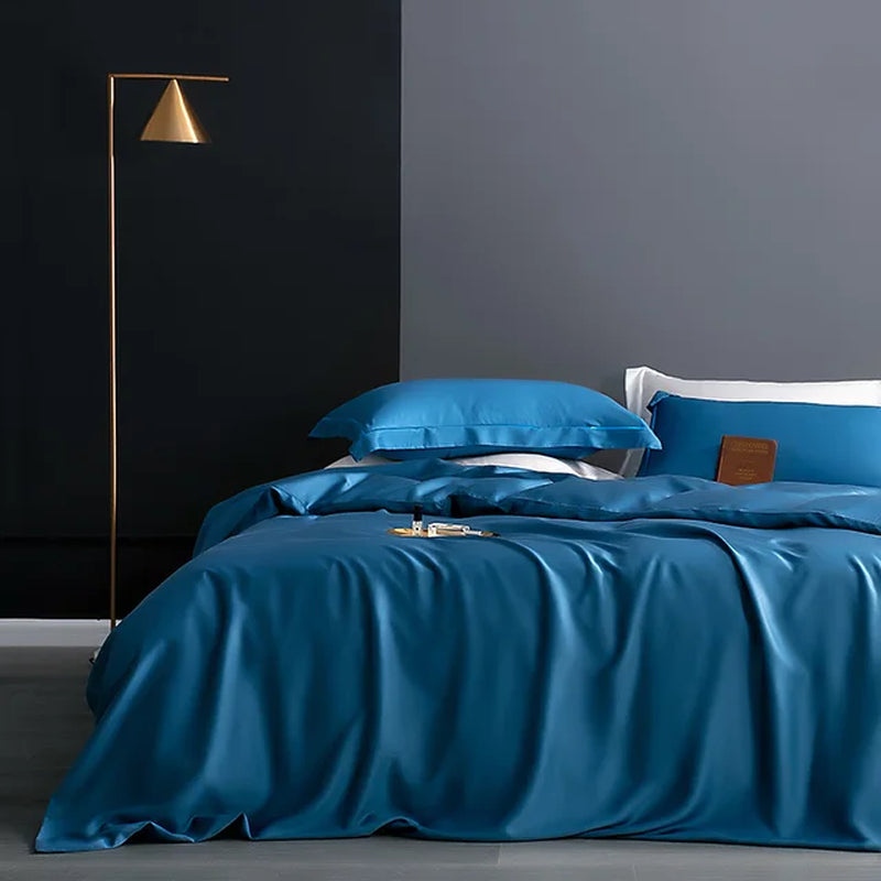 Noble Dark Blue 100% Silk Bedding Set Double Queen King Duvet Cover Flat Sheet Bed Linen Pillowcase for Sleep Gift