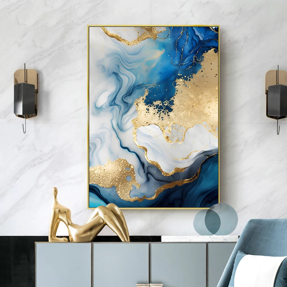 Modern Abstract Gold Blue Marble Wall Art Posters Canvas Painting Prints 