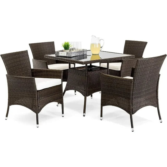 5-Piece Indoor Outdoor Wicker Dining Set Furniture for Patio, Backyard W/Square Glass Tabletop, Umbrella Cutout, 4 Chairs