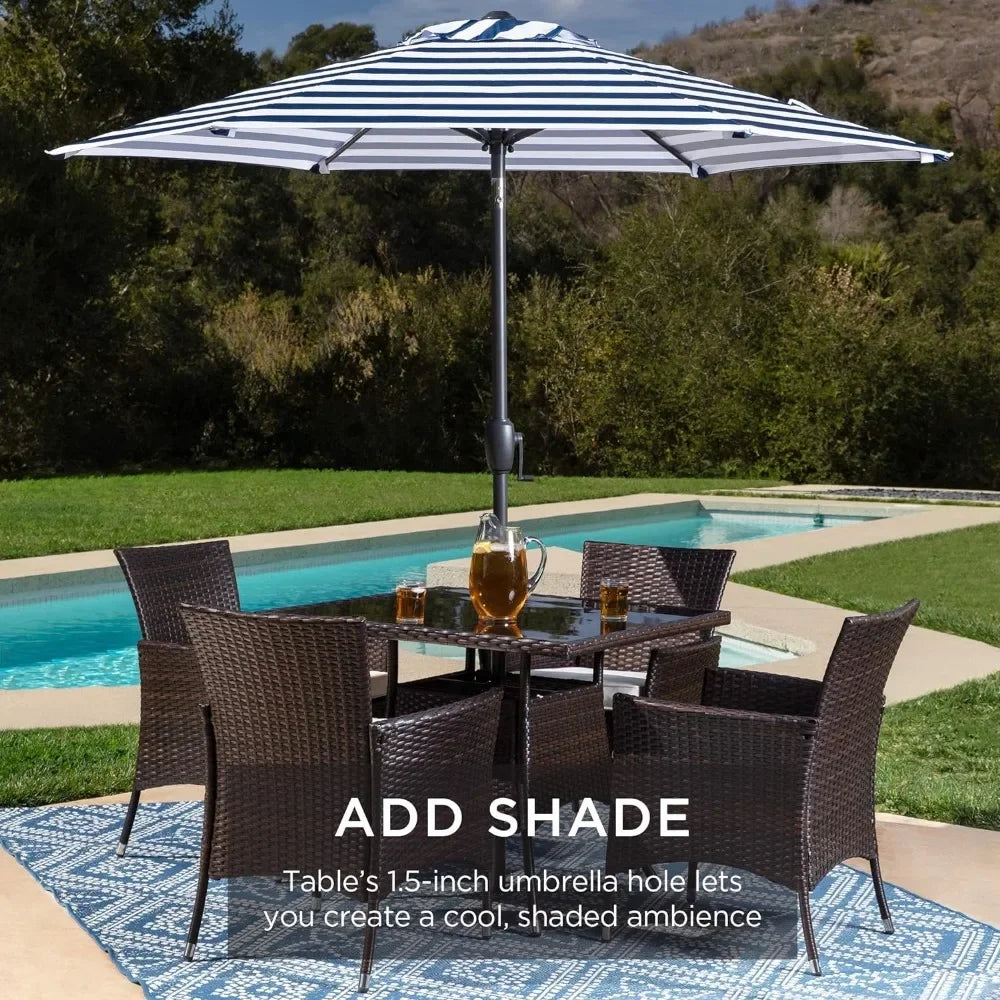 5-Piece Indoor Outdoor Wicker Dining Set Furniture for Patio, Backyard W/Square Glass Tabletop, Umbrella Cutout, 4 Chairs