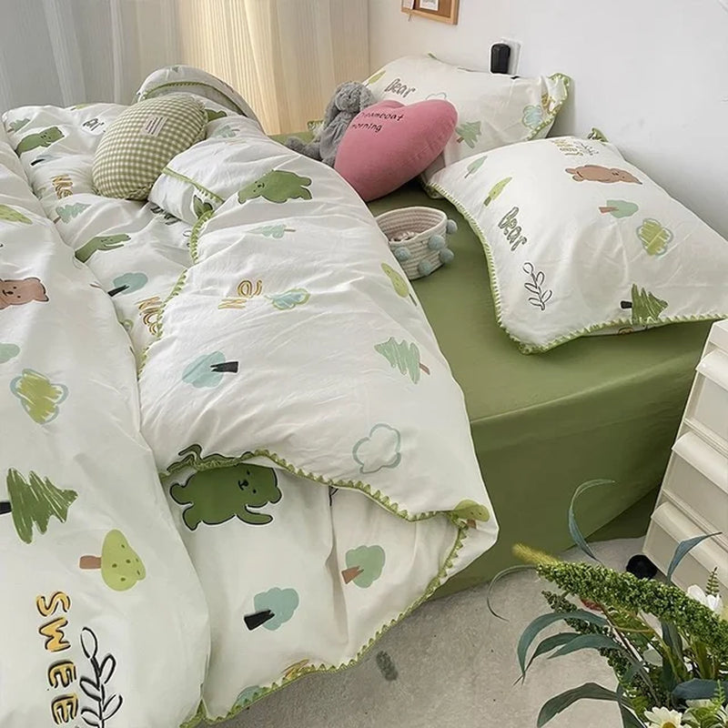 Bedding Set INS Girls Cherry Soft Washed Cotton Bed Sheet Queen King Size Duvet Set Comforter Set Pillowcase Bed Linens