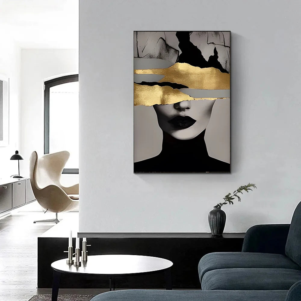 Black Gold Woman Head Print Canvas Painting, Abstract Luxury Figure Poster Wall Art, for Home Living Room Store Decor, No Frame