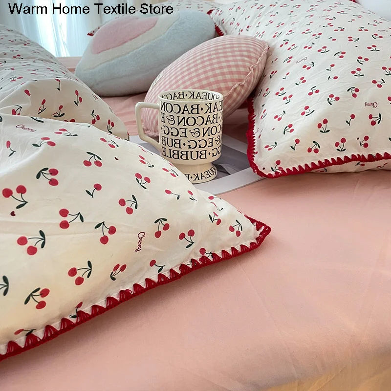 Bedding Set INS Girls Cherry Soft Washed Cotton Bed Sheet Queen King Size Duvet Set Comforter Set Pillowcase Bed Linens