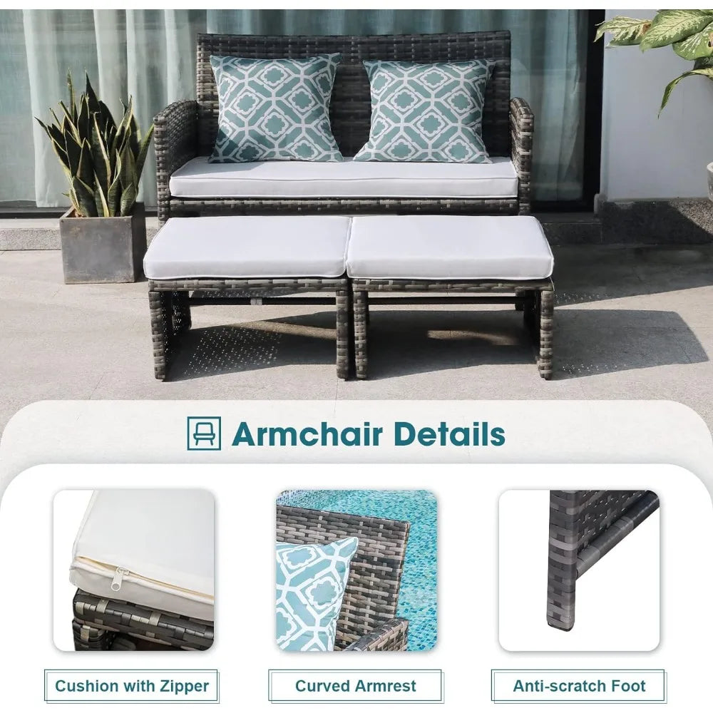 Outdoor Loveseat Patio Furniture Rattan Conversation Set with Ottoman,White Cushions,Grey Wicker, Outdoor Furniture