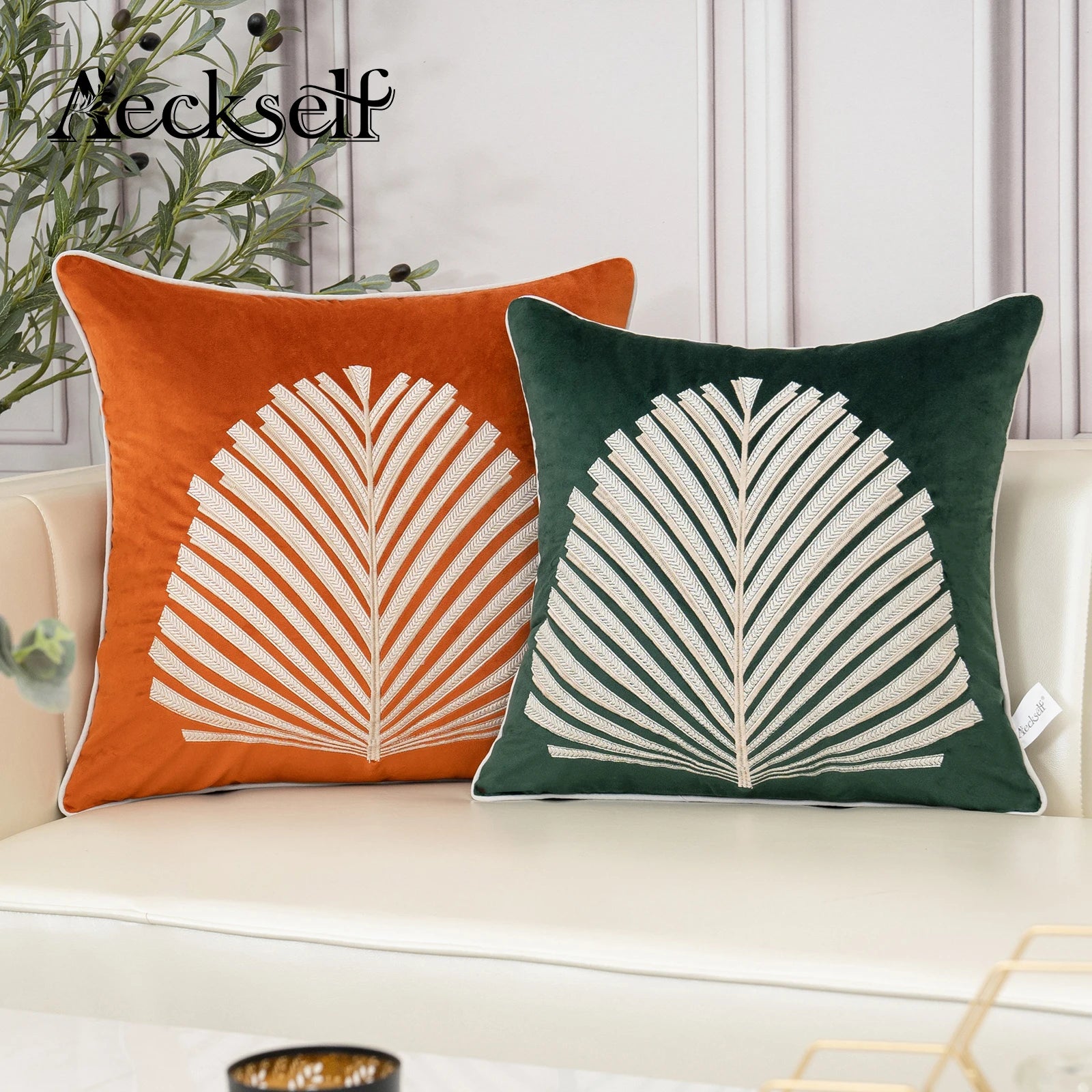 Luxury Modern Tree Leaves Embroidery Velvet Cushion Cover 