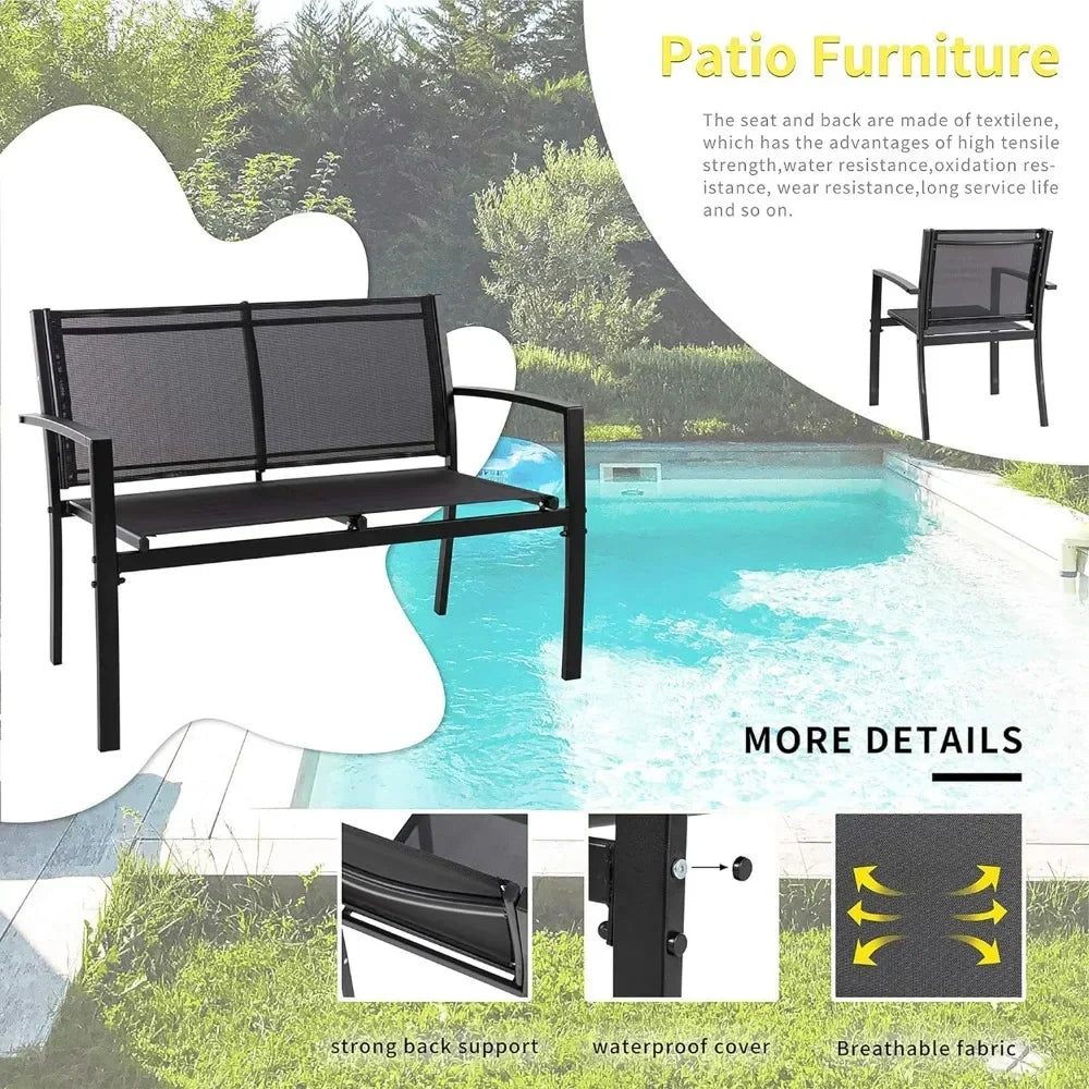 4 Pieces Patio Furniture Set All Weather Textile Fabric Outdoor,Glass Coffee Table,2 Single Chairs Black Garden Furniture Sets