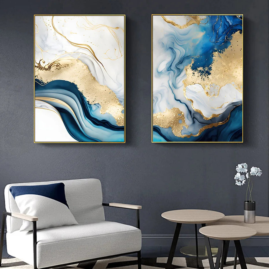Modern Abstract Gold Blue Marble Wall Art Posters Canvas Painting Prints 