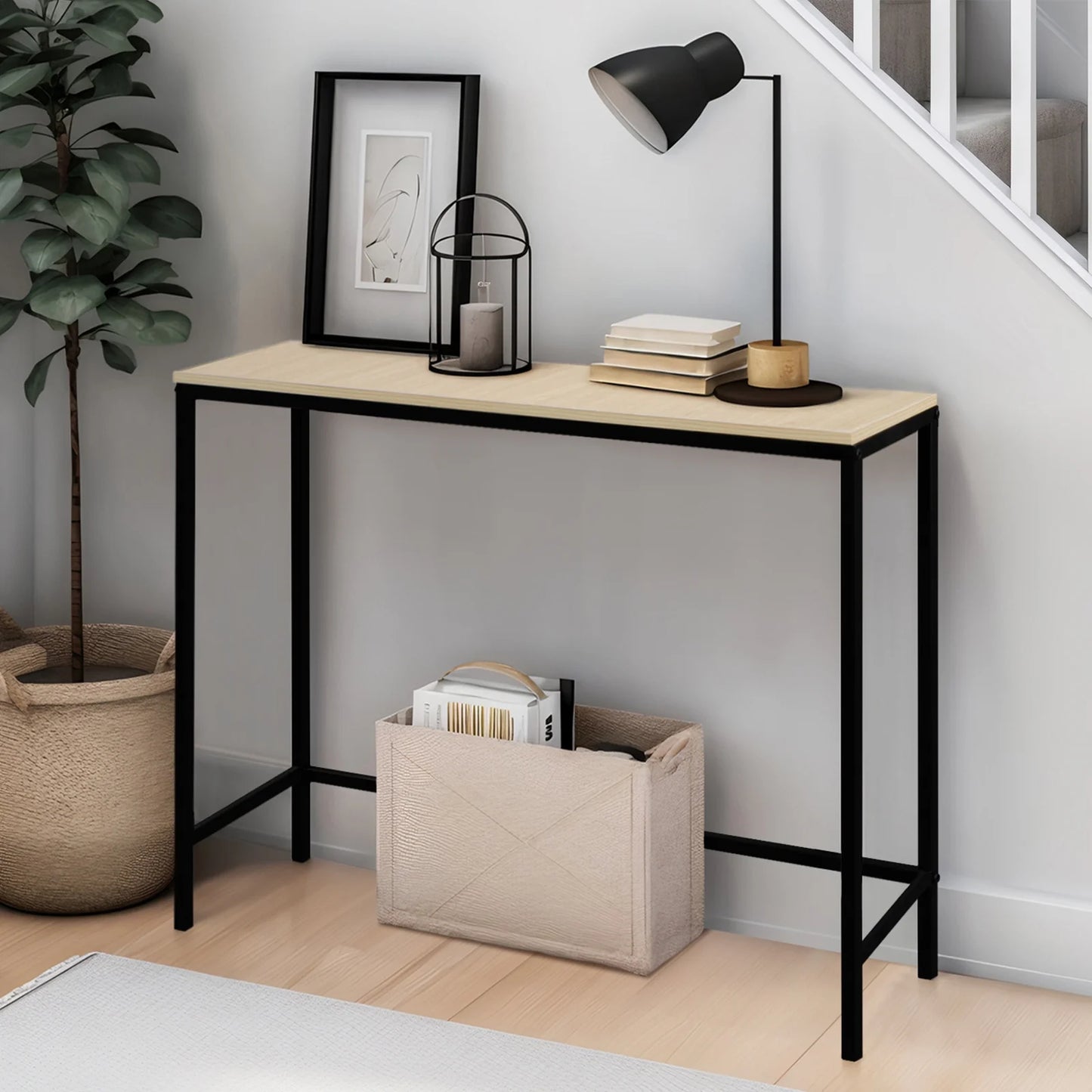 Modern Console Table Sofa Table TV Stand with Sturdy Metal Frame in Entryway, Living Room, Hallway, Bedroom, Hotel, Light Walnut