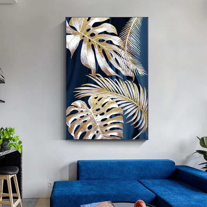 Blue Gold Plant Leaf Abstract Poster Nordic Canvas Painting Wall Art Picture No Frame for Living Room Bedroom Modern Home Decor