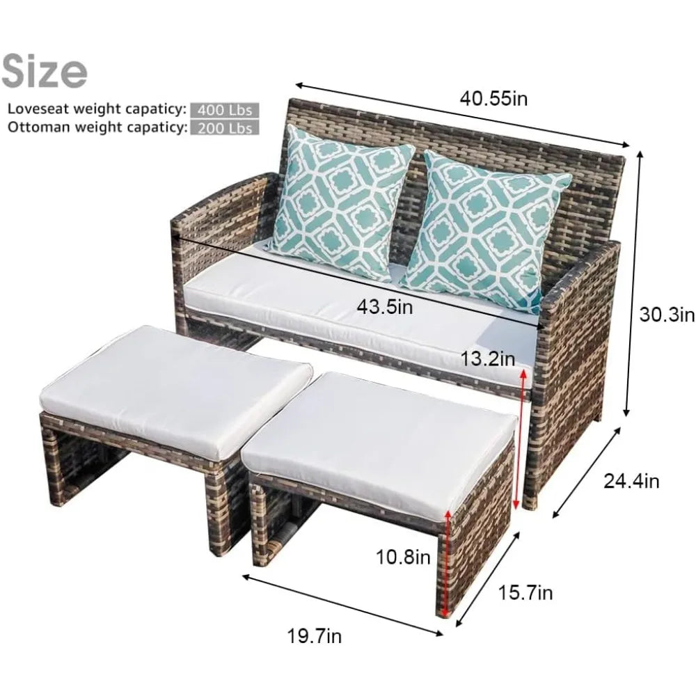 Outdoor Loveseat Patio Furniture Rattan Conversation Set with Ottoman,White Cushions,Grey Wicker, Outdoor Furniture