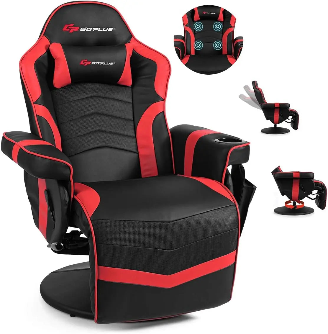 Gaming Recliner Massage Chair with Footrest Ergonomic PU Leather Single Sofa with Cup Holder Headrest and Side Pouch