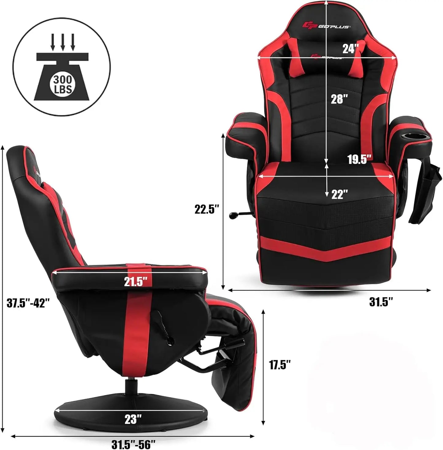 Gaming Recliner Massage Chair with Footrest Ergonomic PU Leather Single Sofa with Cup Holder Headrest and Side Pouch