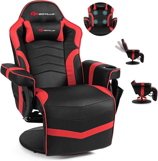Gaming Recliner Massage Chair with Footrest Ergonomic PU Leather Single Sofa with Cup Holder Headrest and Side Pouch