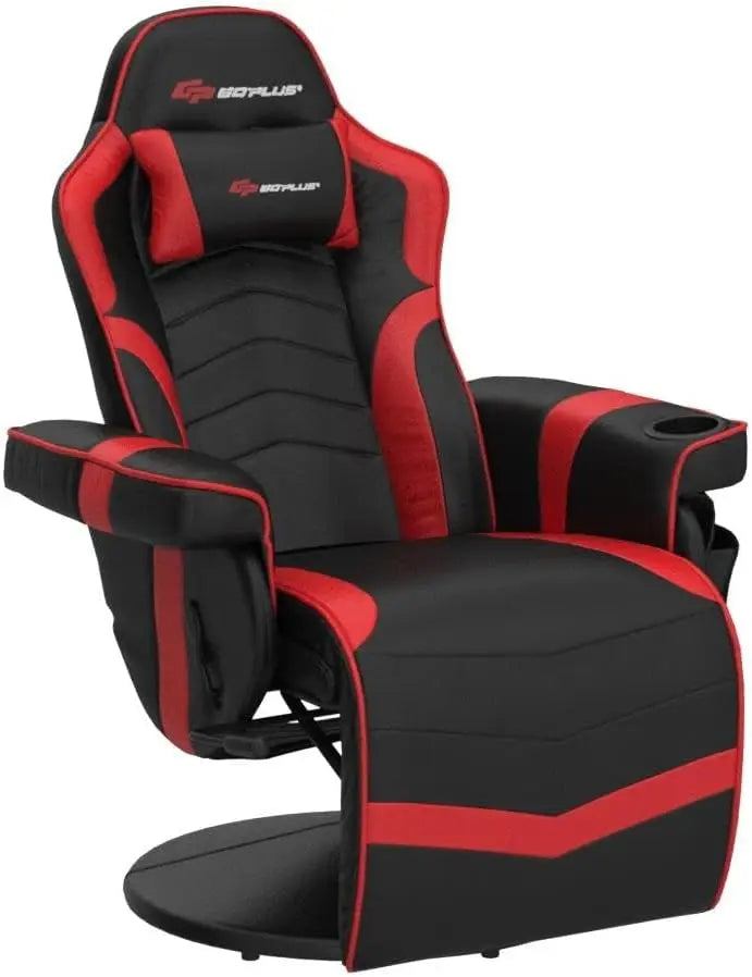 Gaming Recliner Massage Chair with Footrest Ergonomic PU Leather Single Sofa with Cup Holder Headrest and Side Pouch