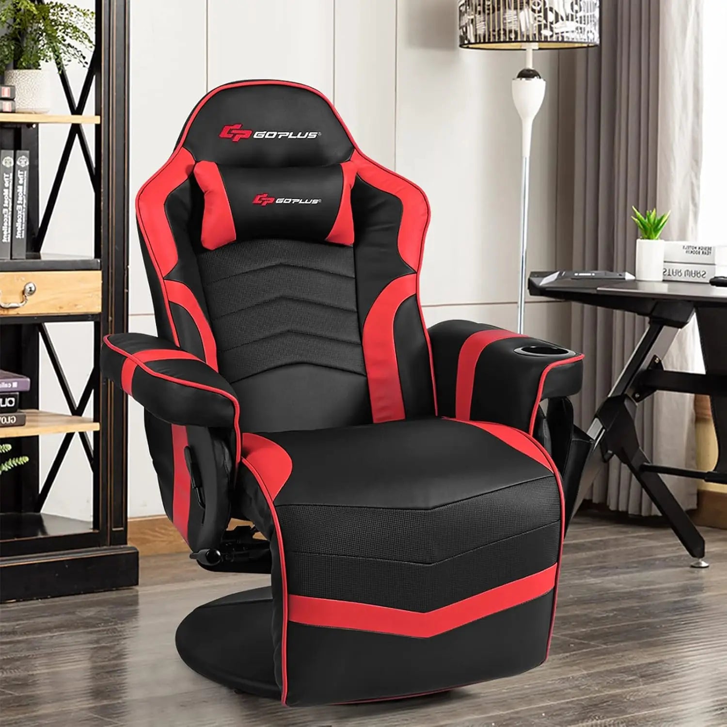 Gaming Recliner Massage Chair with Footrest Ergonomic PU Leather Single Sofa with Cup Holder Headrest and Side Pouch