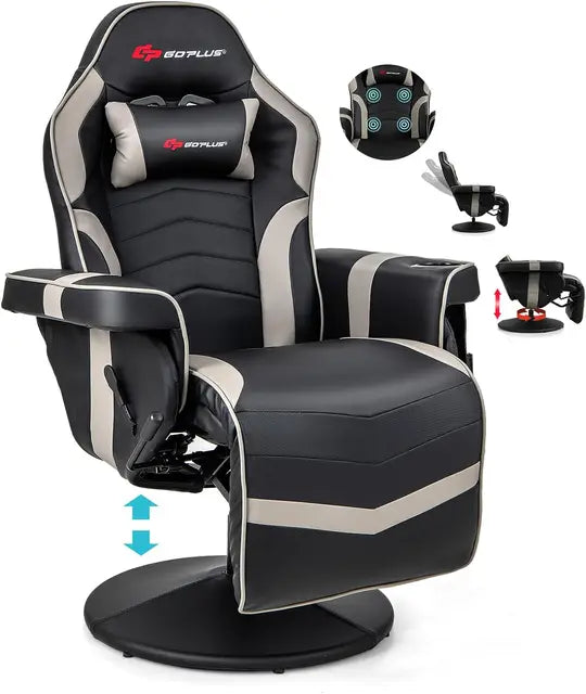 Gaming Recliner Massage Chair with Footrest Ergonomic PU Leather Single Sofa with Cup Holder Headrest and Side Pouch
