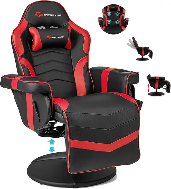 Gaming Recliner Massage Chair with Footrest Ergonomic PU Leather Single Sofa with Cup Holder Headrest and Side Pouch