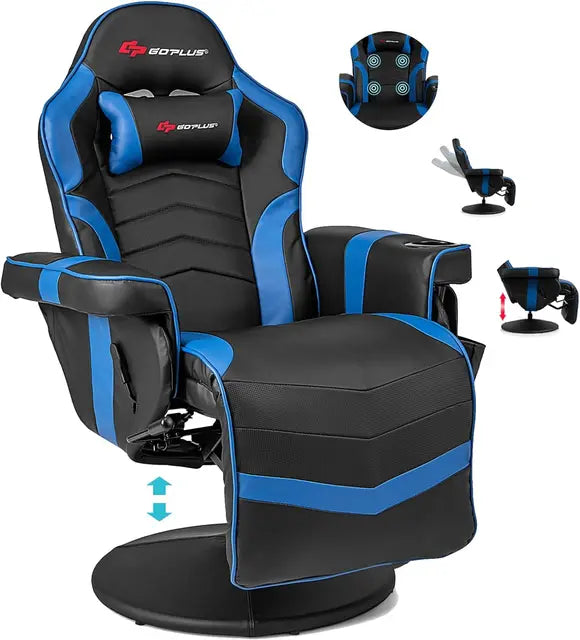 Gaming Recliner Massage Chair with Footrest Ergonomic PU Leather Single Sofa with Cup Holder Headrest and Side Pouch