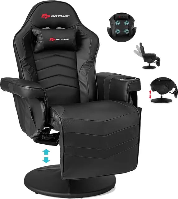 Gaming Recliner Massage Chair with Footrest Ergonomic PU Leather Single Sofa with Cup Holder Headrest and Side Pouch