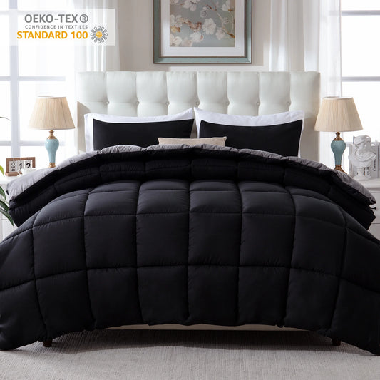 3 Pieces Bed in a Bag Comforter Set Duvet Insert,Reversible,Black/Grey,Queen