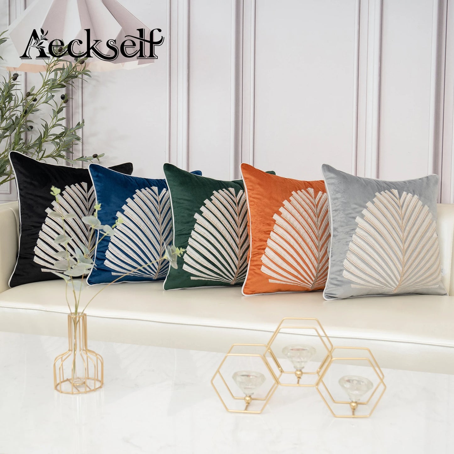 Luxury Modern Tree Leaves Embroidery Velvet Cushion Cover 