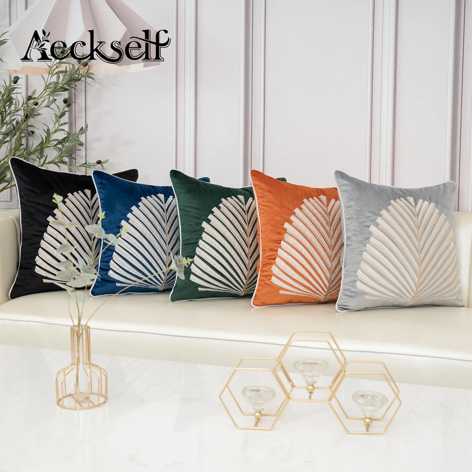 Luxury Modern Tree Leaves Embroidery Velvet Cushion Cover 