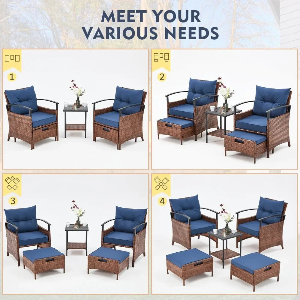 5 Pieces Patio Furniture Set,Outdoor Rattan Chairs with Metal Coffee Table, Soft Cushions,Wicker Conversation Bistro Set (Blue)