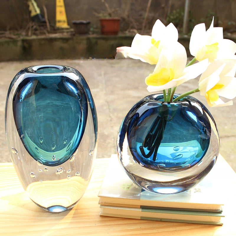 Blue Crystal Glass Vase Thick Glass Hydroponics Terrarium Flower Vase