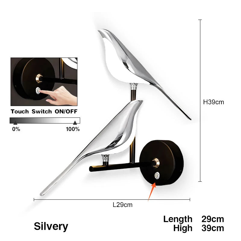 Magpie Bird Touch Switch LED Wall Lamps for Sofa Background Bedside Indoor 360° Rotatable Indoor LED Wall Lighting Wall Sconce