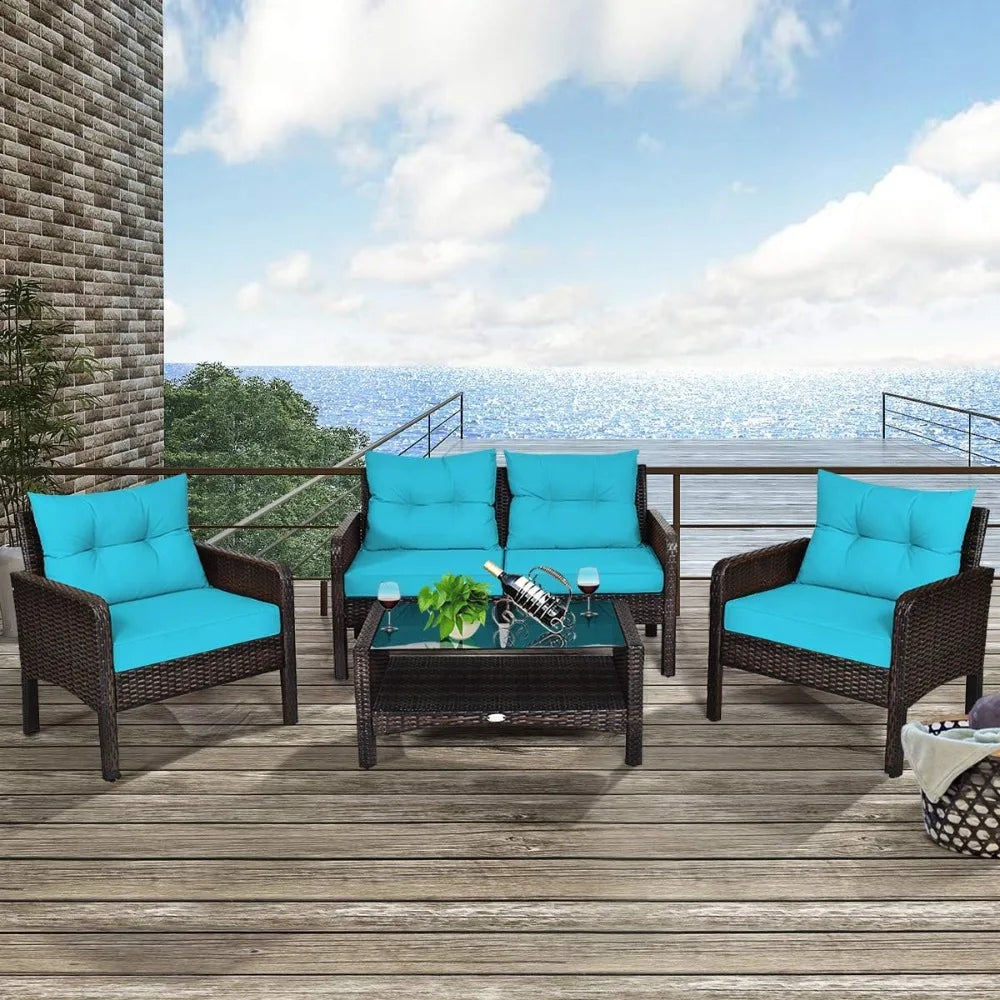 4 Piece Patio Furniture Set, Outdoor Wicker Conversation Set with Glass Top Coffee Table, Outdoor Patio Furniture Sets
