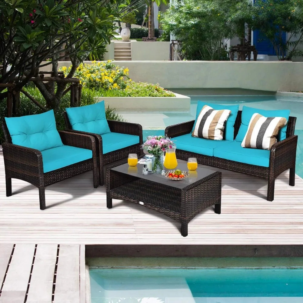 4 Piece Patio Furniture Set, Outdoor Wicker Conversation Set with Glass Top Coffee Table, Outdoor Patio Furniture Sets