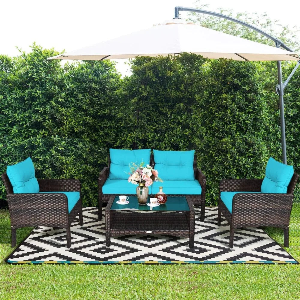 4 Piece Patio Furniture Set, Outdoor Wicker Conversation Set with Glass Top Coffee Table, Outdoor Patio Furniture Sets