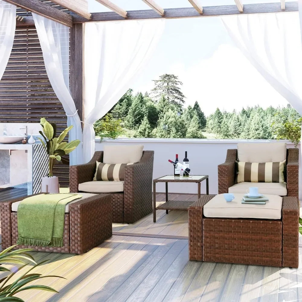 5 Piece Patio Conversation Set Outdoor Furniture Set,Brown Lounge Chair with Ottoman Footrest, W/Coffee Table&Cushions(Beige)