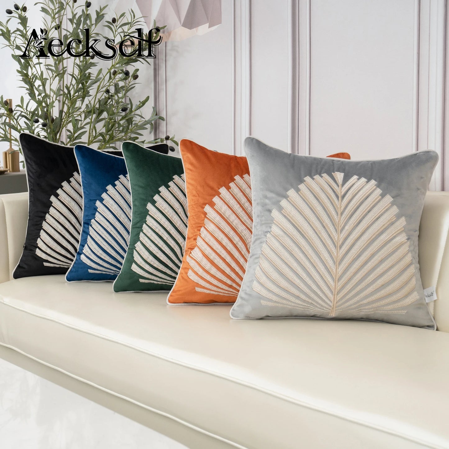 Luxury Modern Tree Leaves Embroidery Velvet Cushion Cover 