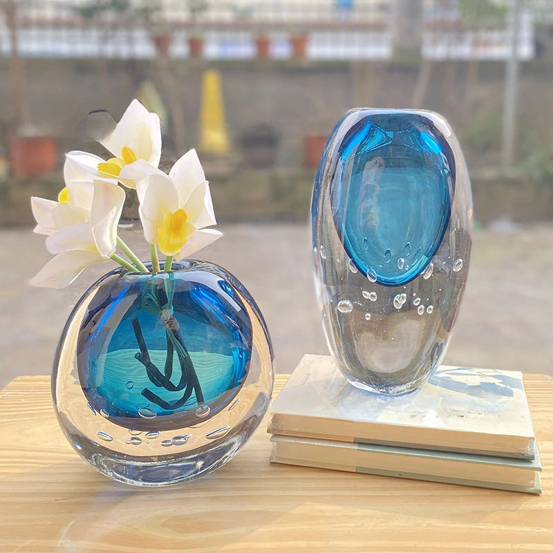 Blue Crystal Glass Vase Thick Glass Hydroponics Terrarium Flower Vase