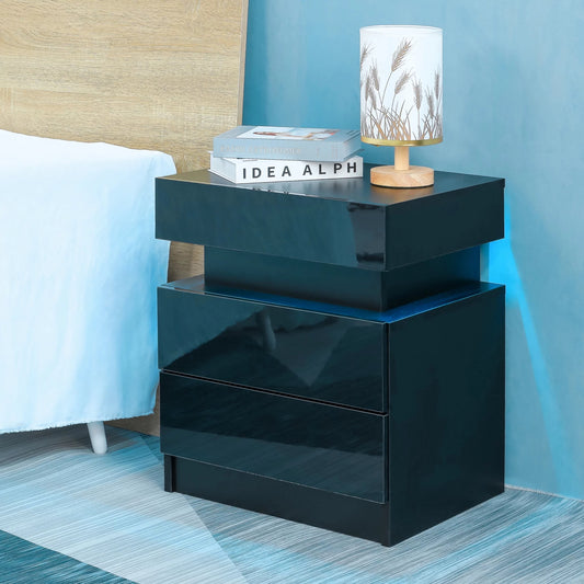 End Table with LED Lights, Storage Table with 2 Drawers, Black Side Table LED Conner Table Light, Modern End Side Table for Bedroom Living Room Office