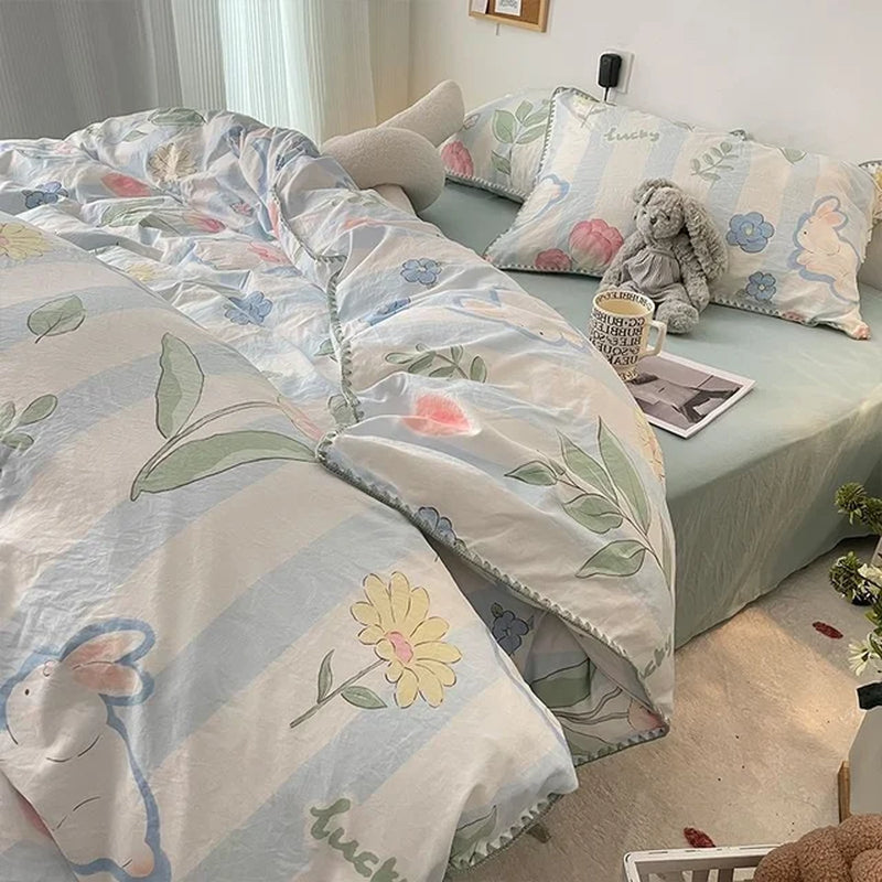Bedding Set INS Girls Cherry Soft Washed Cotton Bed Sheet Queen King Size Duvet Set Comforter Set Pillowcase Bed Linens