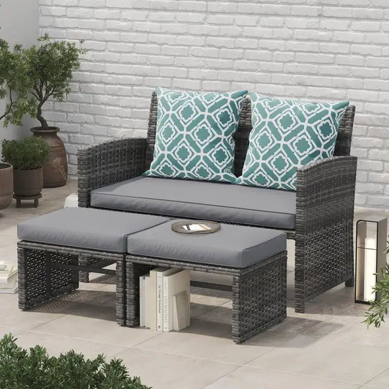 Outdoor Loveseat Patio Furniture Rattan Conversation Set with Ottoman,White Cushions,Grey Wicker, Outdoor Furniture