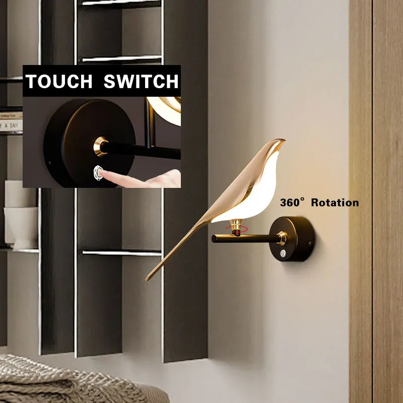 Magpie Bird Touch Switch LED Wall Lamps for Sofa Background Bedside Indoor 360° Rotatable Indoor LED Wall Lighting Wall Sconce