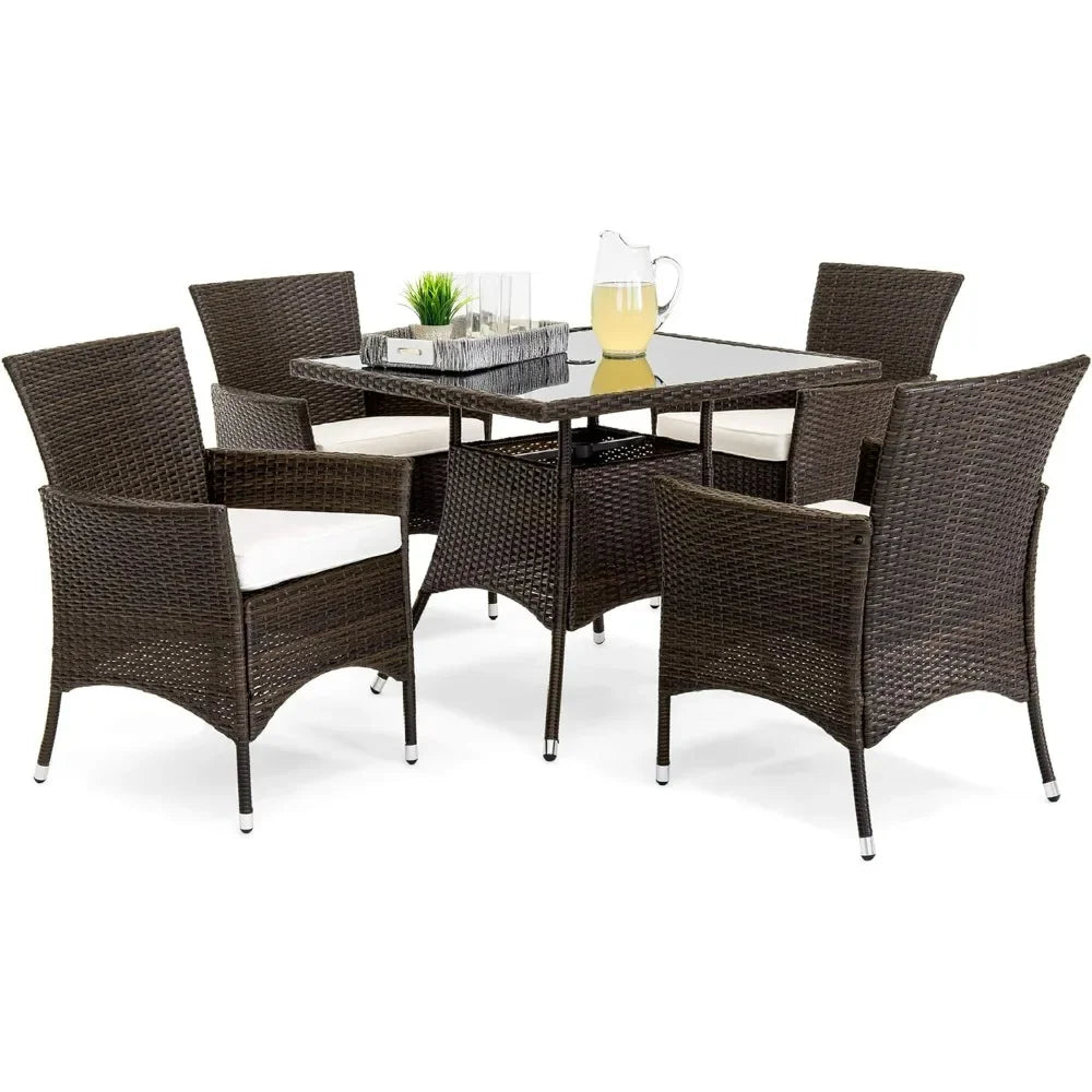 5-Piece Indoor Outdoor Wicker Dining Set Furniture for Patio, Backyard W/Square Glass Tabletop, Umbrella Cutout, 4 Chairs