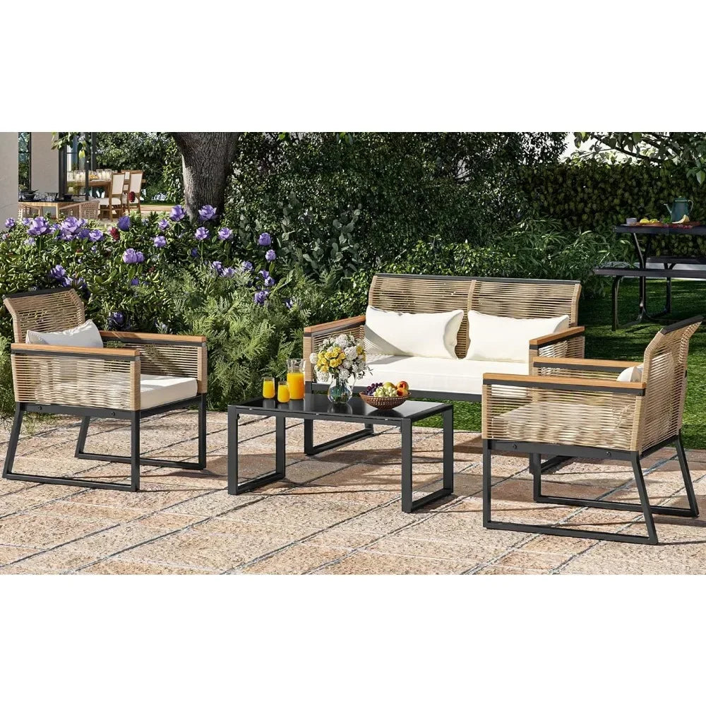 Patio Furniture Wicker Outdoor Bistro Set, 4-Piece All Weather Rattan Loveseat for Backyard, Coffee Table, Mesa Outdoor Table