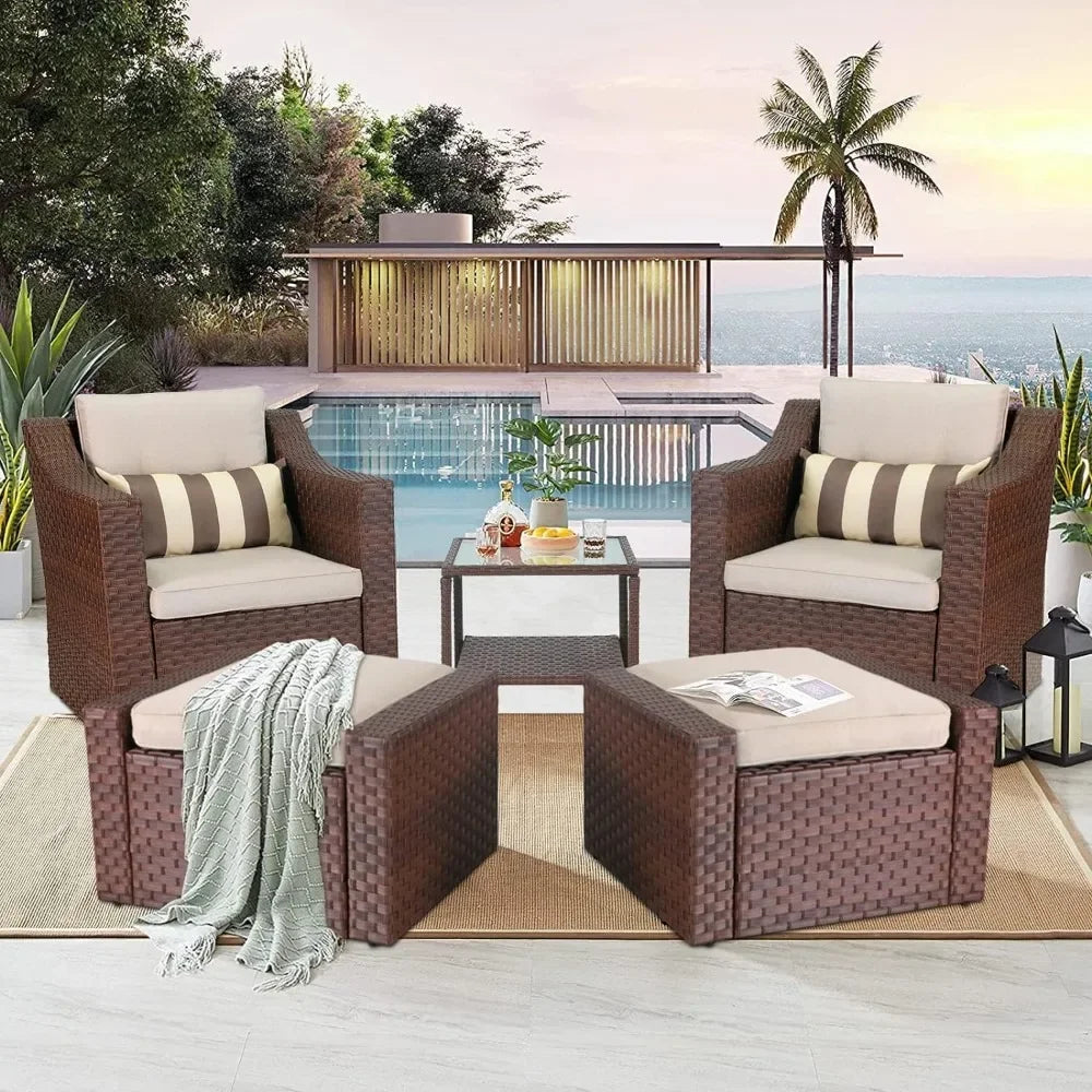 5 Piece Patio Conversation Set Outdoor Furniture Set,Brown Lounge Chair with Ottoman Footrest, W/Coffee Table&Cushions(Beige)