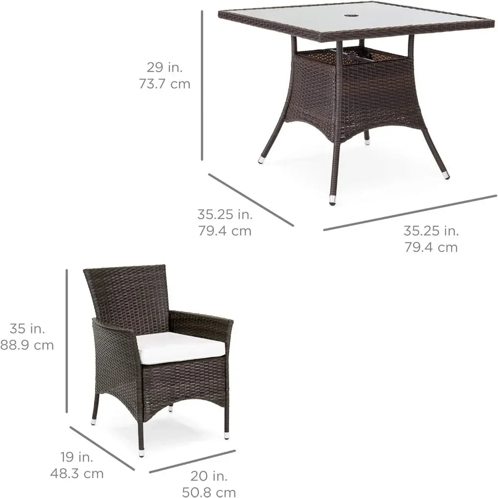 5-Piece Indoor Outdoor Wicker Dining Set Furniture for Patio, Backyard W/Square Glass Tabletop, Umbrella Cutout, 4 Chairs